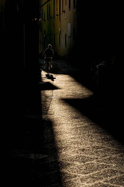 Disparo Vertical Una Persona Solitaria Bicicleta Cerca Edificios Hormigón Por —  Fotos de Stock