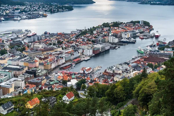 Vysoký Úhel Pohledu Město Bergen Hory Floyen Norsko — Stock fotografie