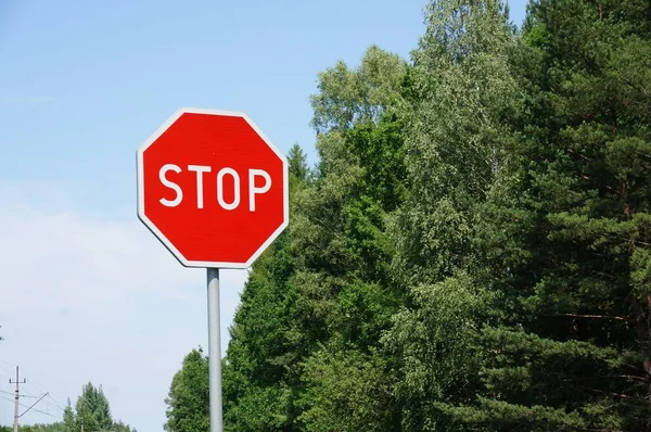 Ein Stoppschild Neben Einer Baumreihe Vor Blauem Himmel — Stockfoto