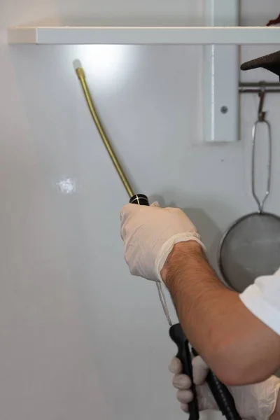 Vertical Closeup Person Disinfecting Kitchen Coronavirus Concept — Stock Photo, Image