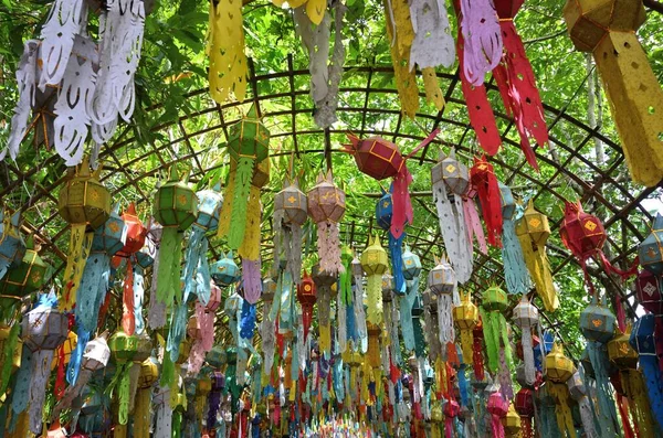 Low Angle Shot Paper Lanterns Attached Metal Railings Chiangrai Thailand — Stock Photo, Image