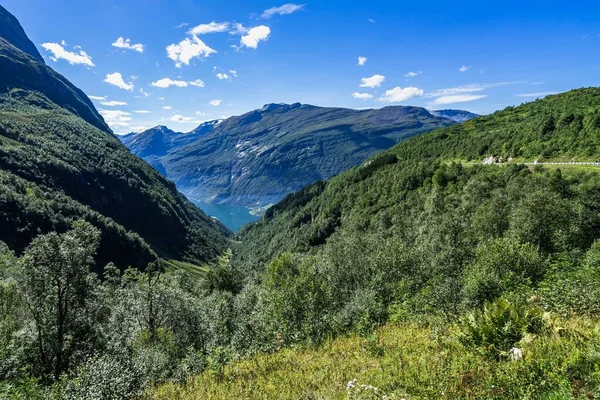 Krajobraz Wzgórz Pokrytych Zielenią Otoczony Fiordem Geirangerfjord Dzień Norwegii — Zdjęcie stockowe
