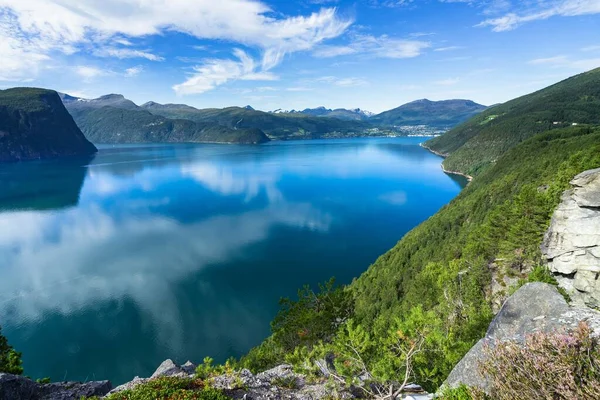 Storfjorden Surrounded Hills Covered Greenery Sunlight Daytime Norway — Stock Photo, Image