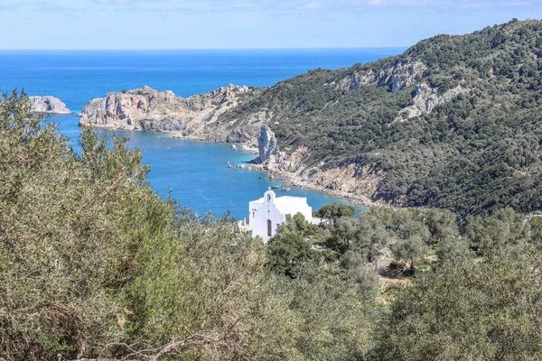 Piękny Wysoki Kąt Widok Zielone Wybrzeże Morza Wyspie Skiathos Grecji — Zdjęcie stockowe