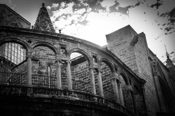 Greyscale Low Angle Shot Historic Stone Building Spain — Stock Photo, Image