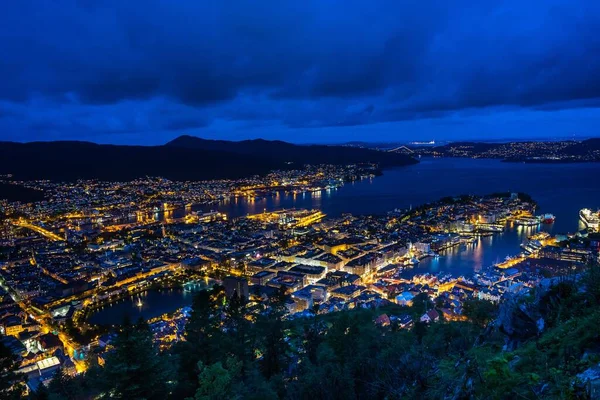 High Angle View Night Cityscape Bergen Viewed Mount Floyen Norway — Stock Photo, Image