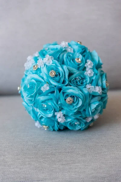 Plan Vertical Beau Bouquet Nuptial Fait Roses Bleues — Photo