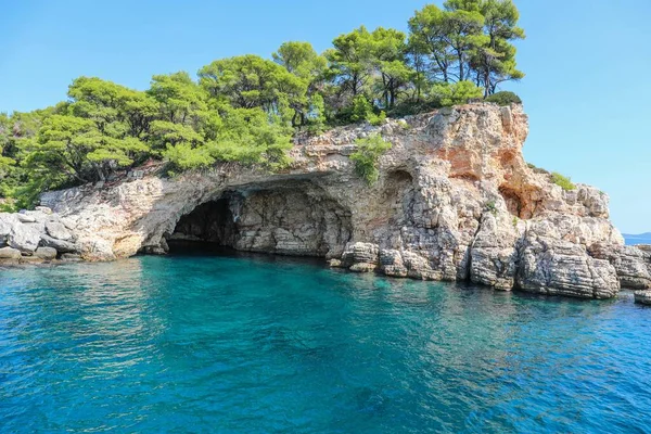 Primer Plano Formaciones Rocosas Mar Turquesa Isla Skiathos Grecia — Foto de Stock