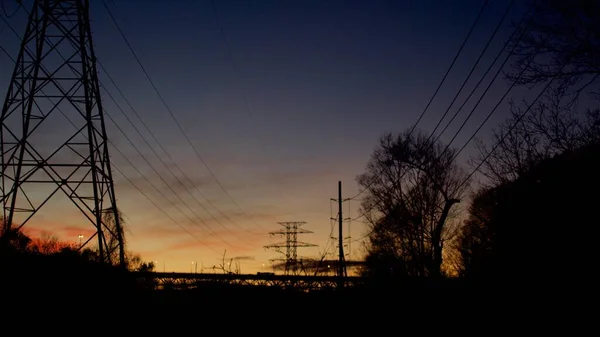 Elektrisk Tråd Och Torn Solnedgången Tid Toronto — Stockfoto