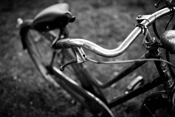 一辆背景模糊的旧自行车的灰度特写镜头 — 图库照片