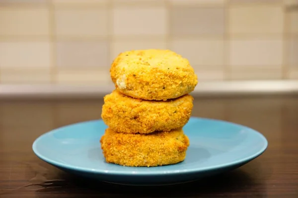 Soft Focus Stack Breaded Fish Burgers Blue Plate — Stock Photo, Image