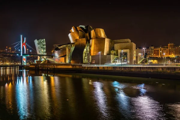 Gros Plan Paysage Nocturne Pittoresque Musée Bilbao Guggenheim Reflété Dans — Photo