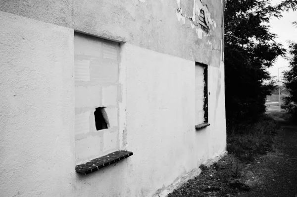 Uma Escala Cinza Edifício Abandonado Ruínas — Fotografia de Stock