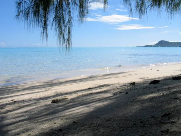 Una Orilla Playa Bajo Cielo Azul Bora Bora Polinesia Francesa — Foto de Stock