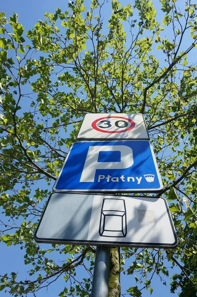 路标树下的一个低角 表示付费停车和限速30度 — 图库照片