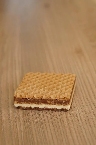 Een Close Van Een Wafel Sandwich Met Chocolade Vanille Crème — Stockfoto
