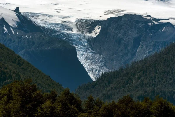 Vista Hipnotizante Das Montanhas Cobertas Árvores Neve Perfeito Para Fundo — Fotografia de Stock