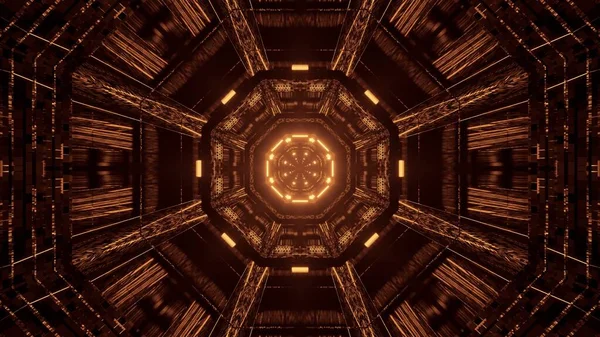 Цифровая Иллюстрация Футуристического Восьмиугольного Туннеля Линиями Золотыми Коричневыми Неоновыми Огнями — стоковое фото