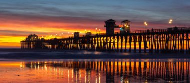 Panoramic view of Oceanside, CA pier during an unbelievable sunset. clipart