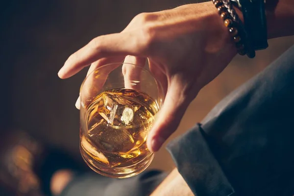 High Angle Closeup Shot Male Holding Glass Whiskey — Stock Photo, Image