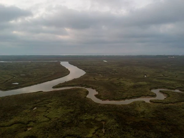 Aeial Beeld Van Twee Grote Meanders Een Moeras Met Kustlijn — Stockfoto