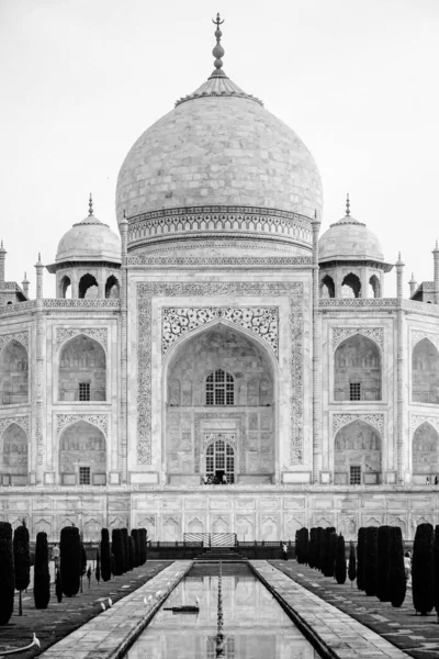 Skala Szarości Pionowe Zbliżenie Ujęcie Taj Mahal Budowa Agra Indie — Zdjęcie stockowe