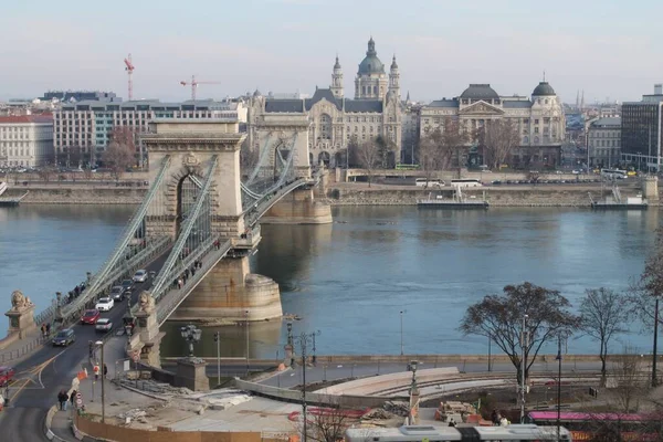 Hög Vinkel Över Szechenyi Chain Bridge Budapest Ungern — Stockfoto