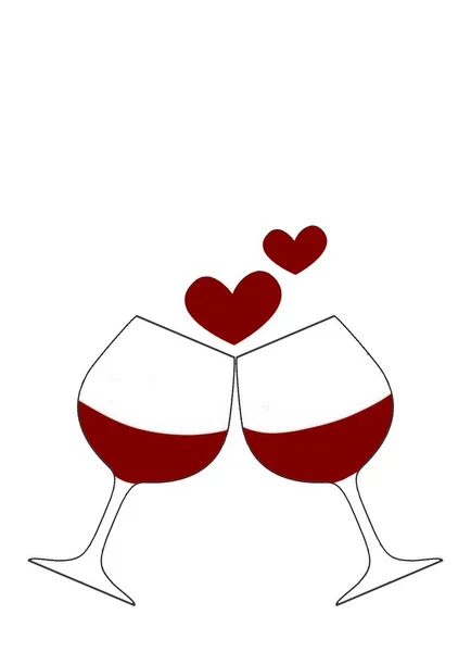 Vertical Graphic Illustration Two Glasses Red Wine Hearts White Background — Stock Photo, Image