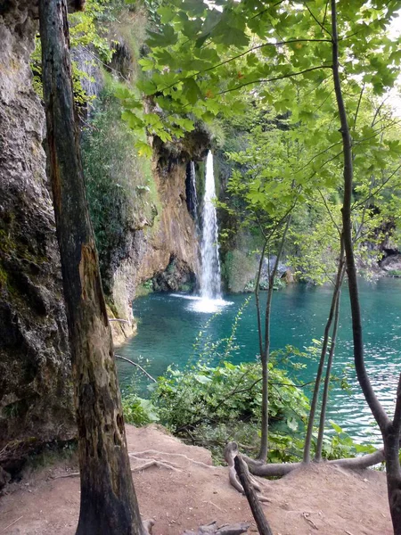 Een Verticaal Schot Van Een Waterval Plitvice Kroatië — Stockfoto