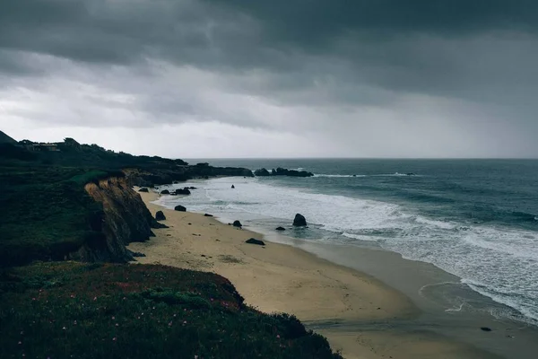 Vedere Fascinantă Oceanului Calm Sub Cerul Înnorat Din Grădina Botanică — Fotografie, imagine de stoc