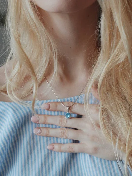 Closeup Shot Female Blue Shirt Wearing Beautiful Necklace Nice Pendant — Stock Photo, Image