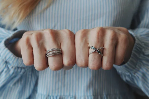 Closeup Shot Female Wearing Beautiful Rings Both Hands Showing Fists — Stock Photo, Image
