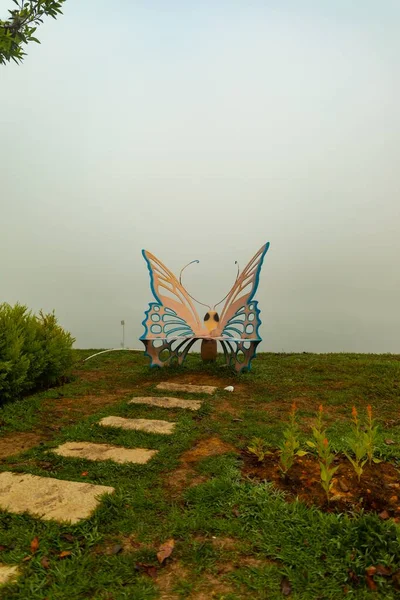 Banco Forma Mariposa Parque Con Camino Piedra Día Niebla Phu —  Fotos de Stock