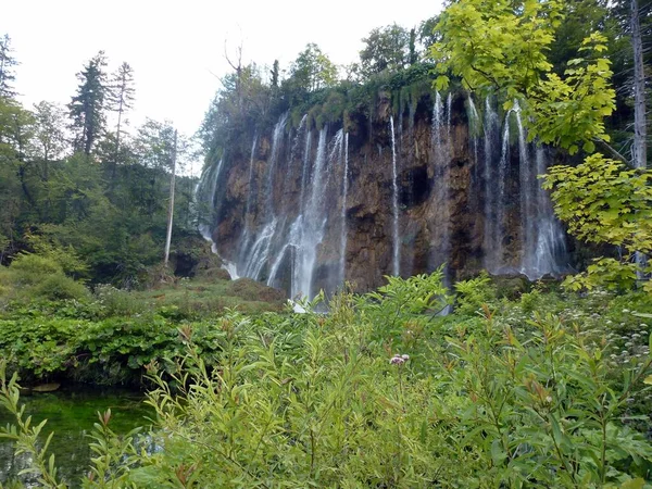 Vodopád Obklopený Zelenými Stromy Plitvicích Chorvatsko — Stock fotografie