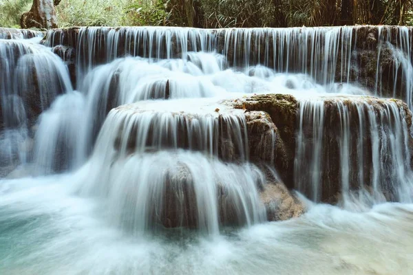 Long Exposure Shot Beautiful Tropical Kuang Waterfall Luang Prabang Laos — Stock Photo, Image