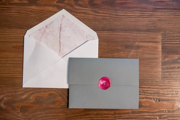 Overhead Shot Gray Invitation Card Red Wax Seal Lying Top — Stock Photo, Image