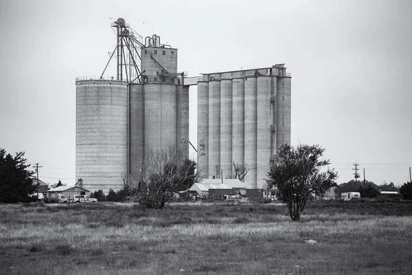 Grayscale Záběr Obilných Výtahů Farmách Usa — Stock fotografie