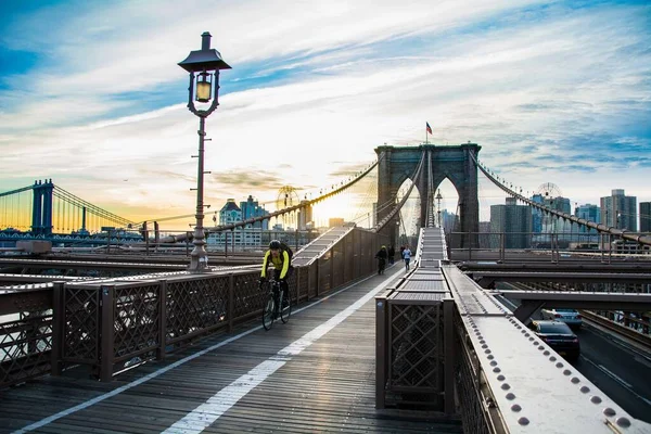 Magnifique Plan Pont Brooklyn New York Avec Coucher Soleil Ciel — Photo