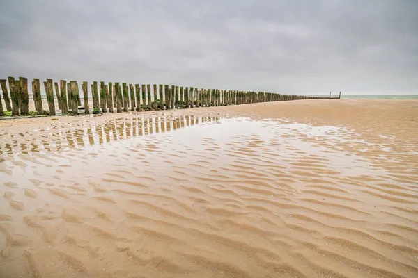Вертикальні Дерев Яні Дошки Піску Незавершеного Дерев Яного Дока Пляжі — стокове фото