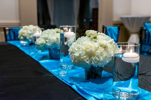 Egy Közeli Kép Asztalterítésről Esküvői Teremben — Stock Fotó