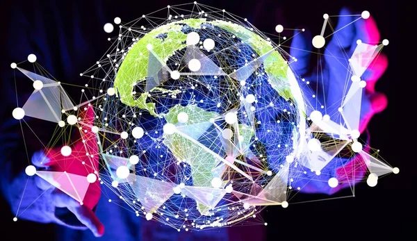 Empresário Tocando Rede Global Intercâmbio Dados Todo Mundo — Fotografia de Stock