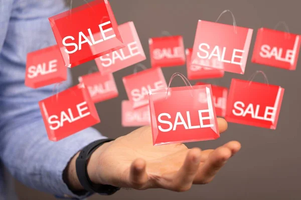 Using White Red Sales Flying Icons Rendering — Stock Photo, Image