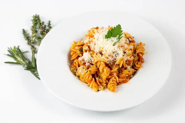 Bolognese Pasta Parmesan White Background — Stock Photo, Image