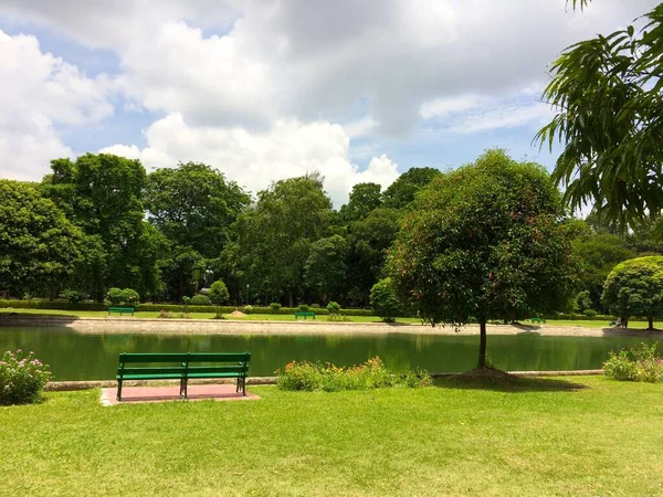 Piękny Zielony Park Jeziorem Pod Chmurnym Niebem — Zdjęcie stockowe