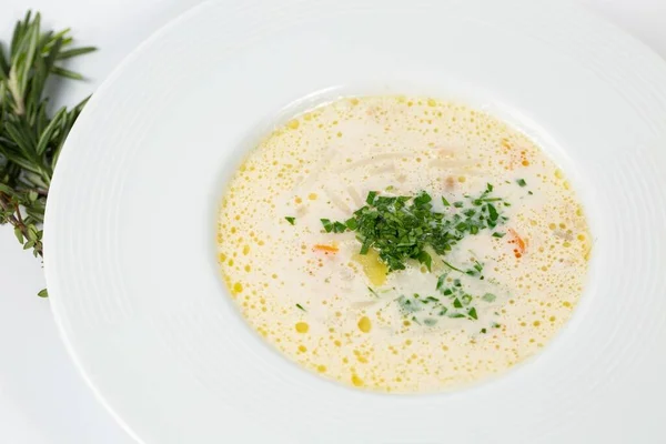 Closeup Shot Plate White Soup Greens — Stock Photo, Image