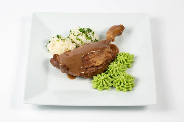 Frango Cozido Com Molho Arroz Molho Verde — Fotografia de Stock