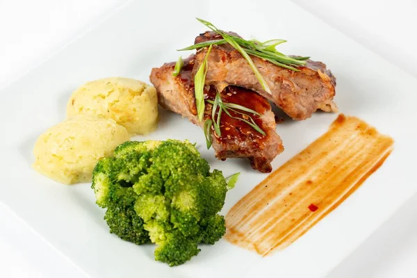 Plate Meat Barbecue Sauce Mashed Potatoes Broccoli — Stock Photo, Image