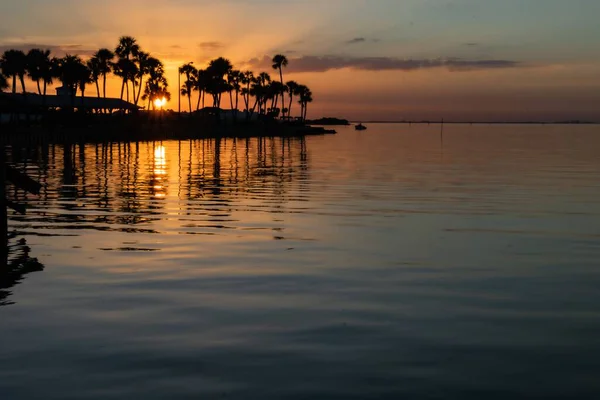 Akşamları Güzel Bir Günbatımında Etrafı Denizle Çevrili Palmiye Ağaçlarının Siluetleri — Stok fotoğraf