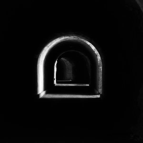 Greyscale Shot Dark Concrete Tunnel Corbeyrier Vaud Switzerland — Stock Photo, Image