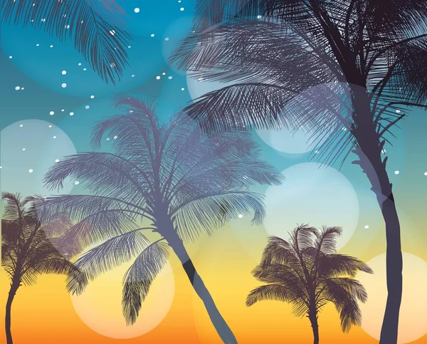 一种墙纸 描绘日落 星空下的棕榈树 被部分不透明的图形圈所覆盖 — 图库照片